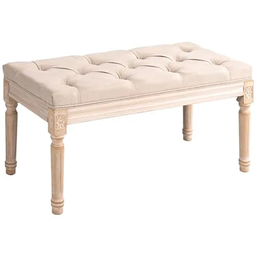 HOMCOM Vintage Sitzbank mit Knöpfen - Beige 80 x 40 x 43cm - Elegante Möbelstück im Vintage-Stil, perfekt als Sitzbank oder Bettbank, mit atmungsaktivem Leinenstoff und dicker Polsterung für hohen Sitzkomfort.