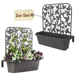 2x Balkonkasten mit Spalier für Kletterpflanzen - Rattan Optik - Garten-Zubehör mit elegantem Rattandesign und Wasserreservoir für gesunde Pflanzen. Ideal für Kletterpflanzen oder als klassischer Blumenkasten!