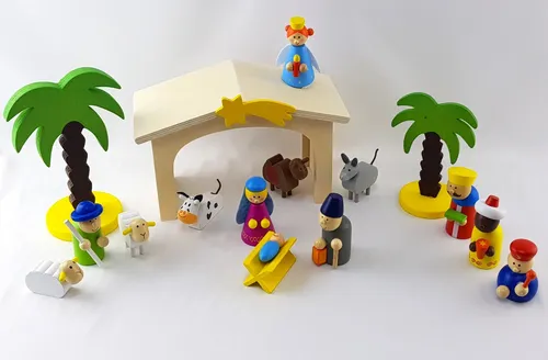 Weihnachtskrippe für Kinder INWARE 16 Teile aus Holz - Krippen für Kinder, ideal für das Weihnachtsfest. Diese kindgerechte Krippe aus Holz enthält 16 liebevoll gestaltete Figuren und fördert das kreative Spiel.