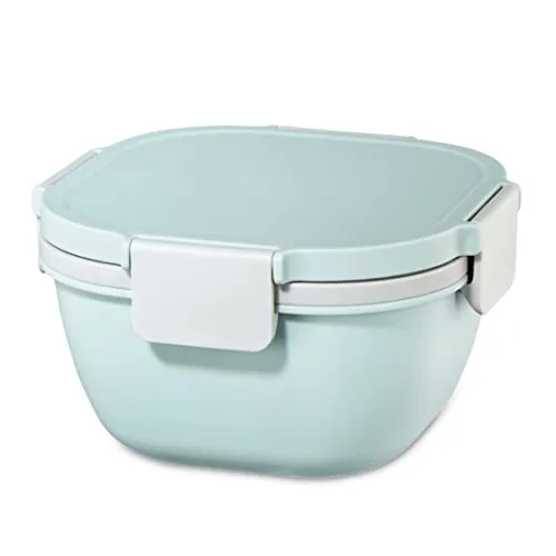 Xavax Salatbox To Go (Salatschüssel zum Mitnehmen, Salatbecher to go mit Dressingbehälter u. 3 Fächer im Topper, für Mikrowelle, Salatbehälter mit Besteck, Deckel Clip Verschluss, 1400 ml) pastellblau