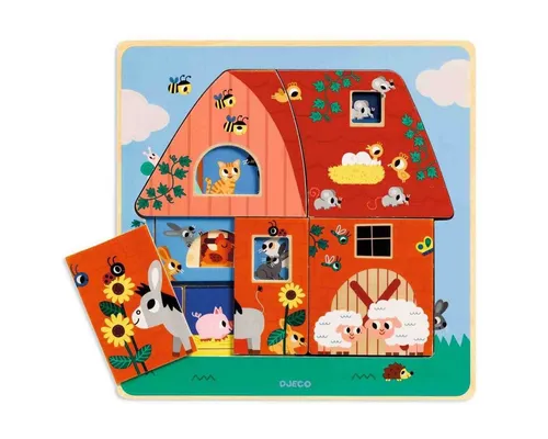 DJECO Puzzle 3 Schichten Puzzle Chez Moo Holzpuzzle, 12 Puzzleteile
