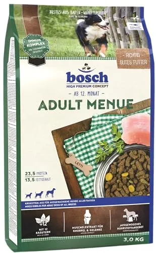 Bosch Adult Menue 3kg - Magenschonendes Hundefutter mit 12 Kräutern und Immun-Komplex für gesunde Hunde, jetzt mit Überraschung und 3% Rabatt für Stammkunden