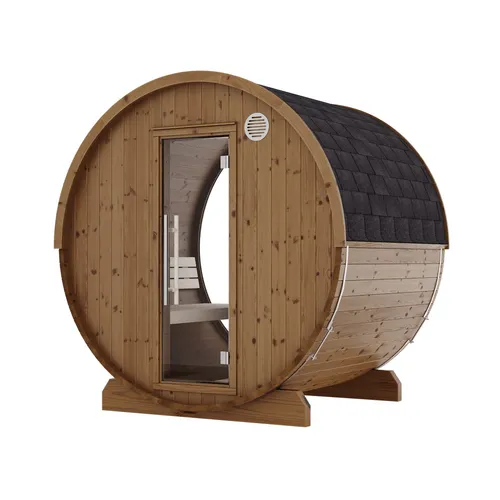 Sentiotec Kaski 180 View Fasssauna - Moderne Außensauna aus Thermo-Kiefer mit Glasausschnitt für 4 Personen, ideal für entspannende Saunagänge im Garten.