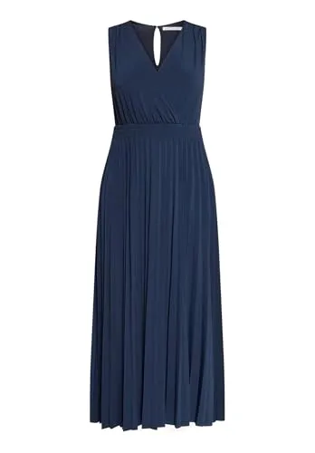 Betty & Co Damen Plisseekleid ohne Arm 44, Dunkelblau - Elegantes Midi-Plisseekleid von Betty & Co. Ärmellos mit V-Ausschnitt, ideal für festliche Anlässe oder lässige Outfits. Der fließende Stoff sorgt für eine schmeichelhafte Silhouette und vielfältige Kombinationsmöglichkeiten.