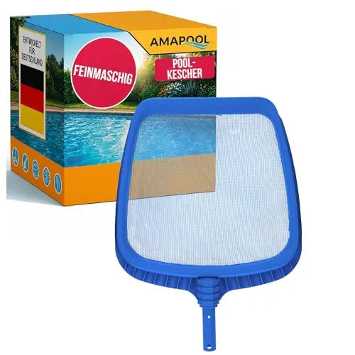 Amapool Basics Poolkescher I Flachkescher für die Poolreinigung - Effektiver Oberflächenkescher mit feinem Netz für die mühelose Entfernung von Blättern, Haaren und Insekten. Stabiler Kunststoffrahmen für langlebige Nutzung, ideal für Pool, Whirlpool und Teich.
