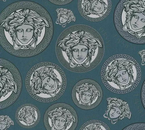 Versace Home Designer Tapete Petrol Silber Medusa-Kopf Logo 38611-1 (8,35€/1qm)