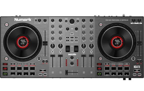 Numark NS4 FX - 4-Deck DJ Controller mit 6-Zoll Jogwheels und LED-Display, ideal für kreatives Mixing und Scratching
