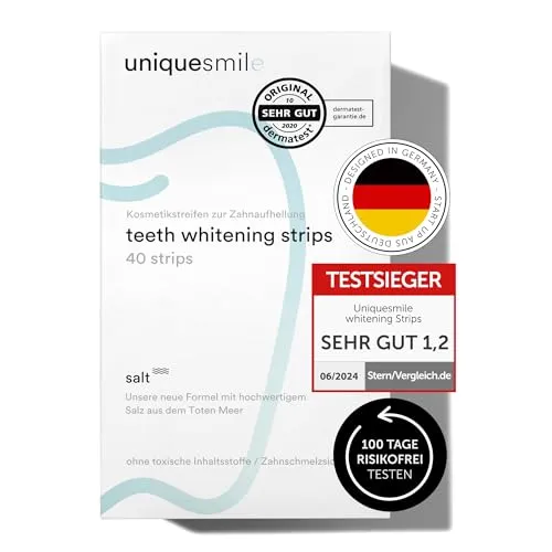 Uniquesmile Zahnaufhellung Whitening Strips - Testsieger 2024 - Zahnbleachings ohne Peroxid für eine effektive Aufhellung von mindestens 3 Nuancen. Mit 100% natürlichen Inhaltsstoffen und rutschfester 4D Versiegelung für einfache Anwendung.