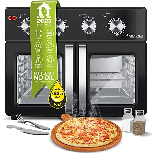 TurboTronic digitaler Heißluftofen - XXL 32 Liter mit Drehspieß für Hähnchen 4in1 Mini Backofen & Power Heißluftfritteuse Airfryer ab 80°C