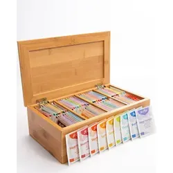 YOGI TEA Probierbox aus Holz | 48 Sorten (96 Beutel) - Entdecke die Yogi Tea Holz-Probierbox mit 48 köstlichen Sorten. Ideal zum Ausprobieren und Verschenken, enthält 96 einzeln verpackte Teebeutel – für einen schnellen Teegenuss!