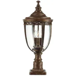 English Bridle 3-flammiger großer Sockel - Britische Bronze - Elegante Außenlampe im englischen Stil, gefertigt aus Gussaluminium mit gesätem Glas, ideal für charmante Garten- oder Terrassenbeleuchtung. 3 Jahre Garantie gegen Korrosion.