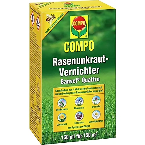 Compo Rasenunkraut-Vernichter Banvel Quattro, 150 ml - Unkrautvernichter für Rasen, bekämpft effektiv schwerbekämpfbare Unkräuter wie Löwenzahn und Gänseblümchen, bienengefährlichkeitsfrei und einfach anzuwenden.