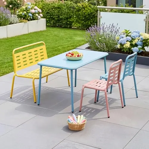 casa.pro Kindersitzgruppe Etroubles - Bunte Kindertischgruppe mit 2 Stühlen und 1 Sitzbank - Kinderzimmertisch & -stuhlsets: Stabil und vielseitig für drinnen und draußen, ideal für kreative Spielmomente! Wetterfestes Metall und abgerundete Kanten sorgen für Sicherheit und Langlebigkeit.