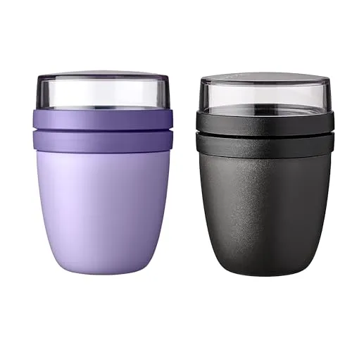 Mepal | Lunchpot Ellipse Mixed Mini | Vivid Lilac + Nordic Black | Müslibecher to go | Unterteilung für Joghurt & Müsli | 300 ml + 120 ml | Geeignet für Gefrierschrank, Mikrowelle & Spülmaschine
