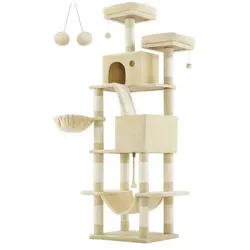 Feandrea Kratzbaum XXL 206 cm - Beige - Kratzbaum für Katzen, 206 cm hoch mit 13 Kratzsäulen und 2 Plattformen. Bietet Sicherheit und Komfort durch stabile Konstruktion und weichen Plüsch, ideal für aktive und ältere Katzen.
