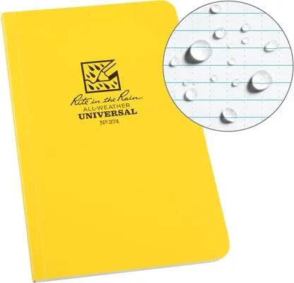 Rite in the Rain Allwetter Soft Cover Notebook – Gelb, 4 5/20,3 x 7 1/10,2 cm - Wetterfestes Notizbuch mit 128 Seiten, ideal für Outdoor-Aktivitäten. Das spezielle Papier bleibt bei Nässe intakt und ist vollständig recycelbar.