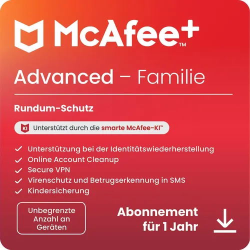 McAfee + Advanced - Familie: Sicherheitslösung für unbegrenzte Geräte - Antivirus-Software für unbegrenzte Geräte, schützt Ihre Familie umfassend für 12 Monate. Ideal für sicheres Surfen und Onlineschutz.