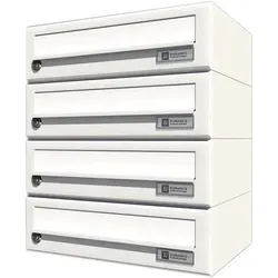 JU Hausbrieffachanlage 4-teilig - weiß - Praktische Briefkastenanlage für die Wandmontage, ideal für Mehrfamilienhäuser. Mit EN13724-Zertifizierung und individueller Gravurmöglichkeit für Namensschilder.