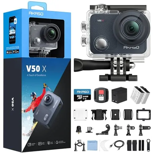 AKASO V50X Action Cam 4K30FPS - Actionkamera mit 4K30FPS Videoauflösung, EIS für stabile Aufnahmen und 64GB U3 Speicherkarte, ideal für Abenteuer und Unterwasseraufnahmen bis 40m.