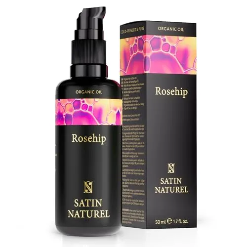Satin Naturel BIO Rosenöl 50ml - 100% reines Hagebuttenöl kaltgepresst - Gesichtsöl, Körperöl, Massageöl, Hair Oil - Wildrosenöl, Rosehip Oil zur Pflege von trockener Haut - Anti Falten Wirkung