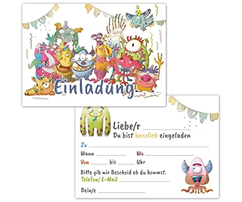 Einladungskarten Monster Kindergeburtstag 12er Set - Geburtstagseinladungen für Mädchen und Jungen bis 10 Jahre – allgemeine Einladung Karte, ideal für die Party zur Einschulung und Geburtstag