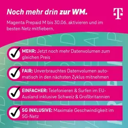 Telekom MagentaMobil Prepaid M SIM-Karte mit 10 € Startguthaben - Nutze die Telekom MagentaMobil Prepaid M Karte für 20 GB Highspeed-Datenvolumen im 5G-Netz. Ideal für flexibles Surfen und Telefonieren in Deutschland und EU, ohne versteckte Kosten.