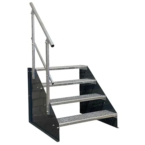SRM Design 4 Stufen Standtreppe Stahltreppe Wangentreppe Gitterrosttreppe Außentreppe Industrietreppe freistehend Breite 100cm Höhe 84cm anthrazit einseitiges Geländer
