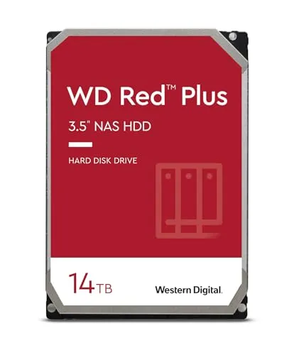 WD Red Plus 14 TB Festplatte - 3.5" CMR-Technologie für NAS-Systeme, optimiert für 24/7-Betrieb und hohe Zuverlässigkeit.