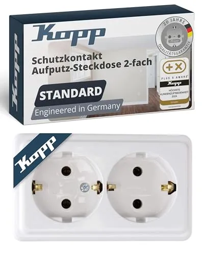 Kopp Steckdose Standard 2-fach, arktisweiß - Aufputz Steckdose mit bruchfestem Gehäuse, ideal für sichere Stromversorgung in Innenräumen. Maße: 105,5 x 64 x 43 mm.