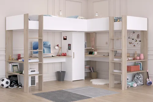 Parisot Hochbett Alex - Doppelte Liegefläche für Kinderzimmer - Eck-Hochbett mit 2 Liegeflächen und integriertem Schrank sowie 2 Schreibtischen, ideal für platzsparendes Wohnen im Kinderzimmer.