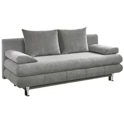 Intro Schlafsofa BENFELD - Modernes Design mit Stauraum - Sofa in elegantem Grau mit abgerundeten Formen und Edelstahlfüßen. Ideal für kleinere Räume, bietet Komfort und eine großzügige Liegefläche von 140 x 188 cm.