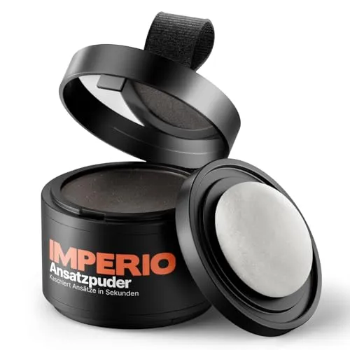 IMPERIO Ansatzpuder - Wasserfester Haar Concealer für Frauen und Männer (Dunkelbraun) - Sofortige Haarverdichtung für einen natürlichen Look. Ideal für lichte Stellen und Geheimratsecken. Praktische 3-in-1 Dose für einfache Anwendung und bis zu 100 Anwendungen.