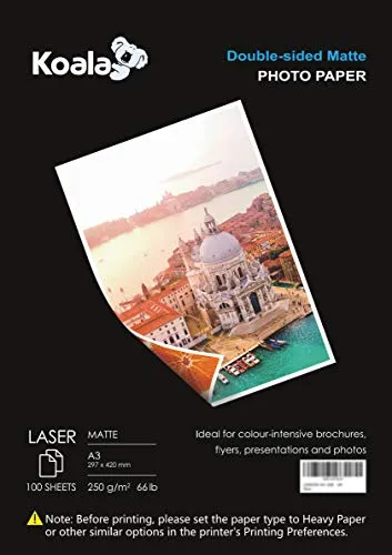 KOALA Fotopapier für Laserdrucker, Doppelseitig, Matt, A3, 250 g/m², 100 Blatt. Geeignet zum Drucken von Fotos, Zertifikaten, Broschüren, Flyern, Faltblättern, Grußkarten, Kalendern, Kunst
