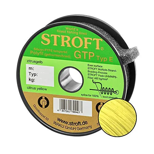 WAKU Stroft GTP Typ E Schnur 150m - zitrusgelb - Eisangeln: Hochwertige geflochtene Schnur mit 5,75 kg Tragkraft, ideal für präzises Angeln und hohe Sichtbarkeit.
