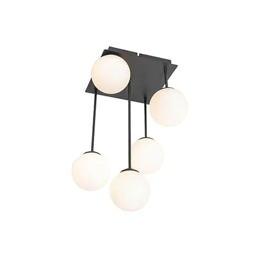 QAZQA Moderne Deckenleuchte Athens 5-flammig Schwarz mit Opalglas - Entdecke die elegante Deckenleuchte Athens! Mit 5 Glühbirnen und stilvollem Opalglas sorgt sie für eine angenehme Lichtverteilung. Ideal für Wohnzimmer oder Schlafzimmer, aus hochwertigem Stahl gefertigt.