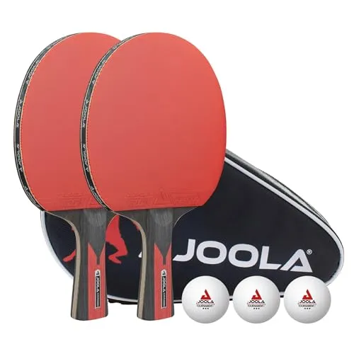 JOOLA Tischtennis Set Duo Carbon - 2 Schläger & 3 Bälle - Tischtennisschläger Set mit 2 Carbon Speed Schlägern, 3 ITTF-zertifizierten Bällen und praktischer Hülle. Perfekt für Anfänger und Fortgeschrittene, garantiert Spielspaß!