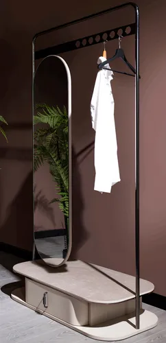 Beiger Flur Kleiderständer mit Ovalspiegel – Stilvolles Holzmöbel - Eleganter Kleiderständer mit Spiegel, ideal für den Flur. Mit 1 Regalfach und modernem Design in hellem Holz, sorgt er für Ordnung und Stil in jedem Zuhause.