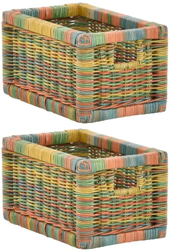 Set/2 Regalkorb mit Holzrahmen - Bunt - Körbe zur stilvollen Aufbewahrung, geflochten aus Rattan mit praktischem Griff, ideal für ein gemütliches Landhaus-Ambiente.