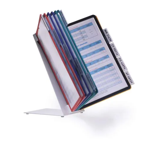 Durable Tisch-Sichttafelsystem Vario Table 10 Sichttafeln A4 mehrfarbig - Prospektständer mit 10 A4 Sichttafeln aus hochwertigem Acryl, ideal für eine übersichtliche Präsentation von Informationen am Arbeitsplatz.