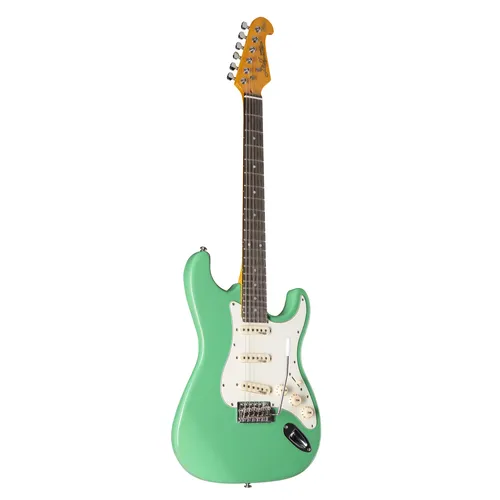 J & D E-Gitarre ST Vintage Surf Green - E-Gitarre mit schlankem 'C' Halsprofil und drei Wilkinson Single Coil Tonabnehmern für klassischen Vintage-Sound. Ideal für Einsteiger und Profis, bietet sie ein hervorragendes Preis-Leistungs-Verhältnis.