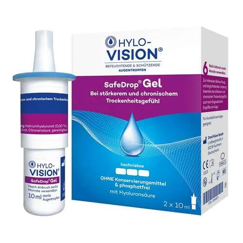 Hylo-Vision SafeDrop Gel - Arzneimittel, steriles und phosphatfreies Benetzungsmittel im innovativen SafeDrop®-System für eine sichere und effektive Anwendung.