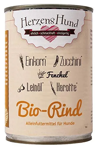 HerzensHund Hundefutter Nassfutter Bio-Rind mit Bio-Gemüse (Rind, 12 x 400g)