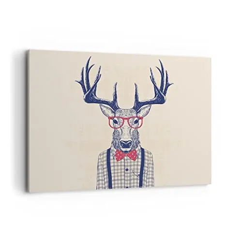 Bilder auf Leinwand 100x70cm Leinwandbild Charakter Hirsch Illustration hipster Groß Wanddeko Bild Schlafzimmer Deko Wandbilder Dekoration Wohnzimmer Decor Canvas Wand Kunstdruck Art AA100x70-3120