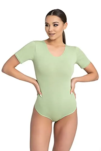 Evoni Damen Body kurzarm l Stringbody aus Baumwolle mit Rundhals l Kurzarmbody für Frauen l Tanga Bodysuit l String Body XL grün