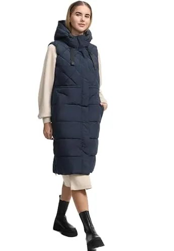 MARIKOO Damen Winterweste N018 - Stylische Steppweste mit Kapuze und Magnetverschluss - Warme Damen Winterweste in Navy, ideal für kalte Tage. Mit verstellbarer Kapuze und insgesamt 4 praktischen Taschen. Kuscheliger Stoff für besten Tragekomfort und Schutz vor Kälte.