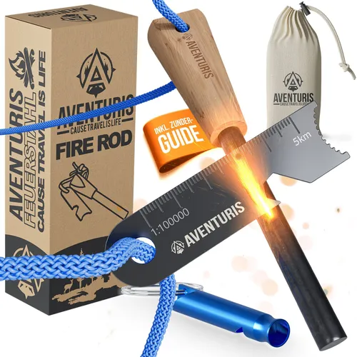 AVENTURIS® Feuerstahl XXL Der ultimative Outdoor Survival Firestarter Camping & Bushcraft Vielseitiger feuerstahl Outdoor, Zunderguide Lagerfeuer Zubehör und Outdoor ausrüstung