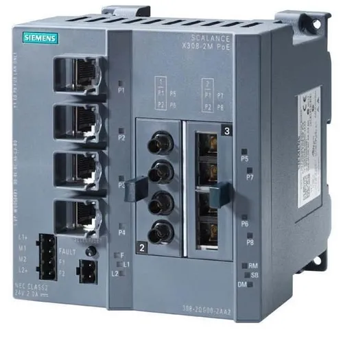 Siemens SCALANCE X308-2M IP20 Switch - Modems, Splitter & Switches - Robuster Layer 2 Switch mit 4x RJ45 und 4x M12-Ports, ideal für industrielle Anwendungen. Unterstützt Power over Ethernet (PoE) und ist für Hutschienenmontage geeignet.