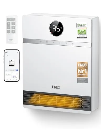 Dreo Smart Wandkonvektor 2000W - Elektroheizkörper mit 30° Lüfterauslass und Fernbedienung, bietet leistungsstarke Wärmeverteilung und smarte Steuerung über Alexa, ideal für jeden Raum.