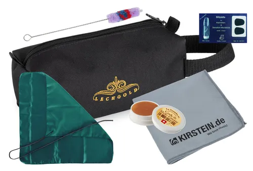 Lechgold Pflegeset für Sopran-Saxofon - Umfassendes Pflege-Set für Sopran-Saxophon mit 4 Bissplatten, Durchziehwischer, Korkfett und Mikrofasertuch. Praktische Tasche mit Halteschlaufe für einfachen Transport.
