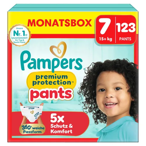 Pampers Premium Protection Pants Größe 7 - WINDLEN: 123 Windeln für Babys 15kg+, mit 360° Passform und 2x breiteren Bündchen für optimalen Komfort und Schutz vor Auslaufen.